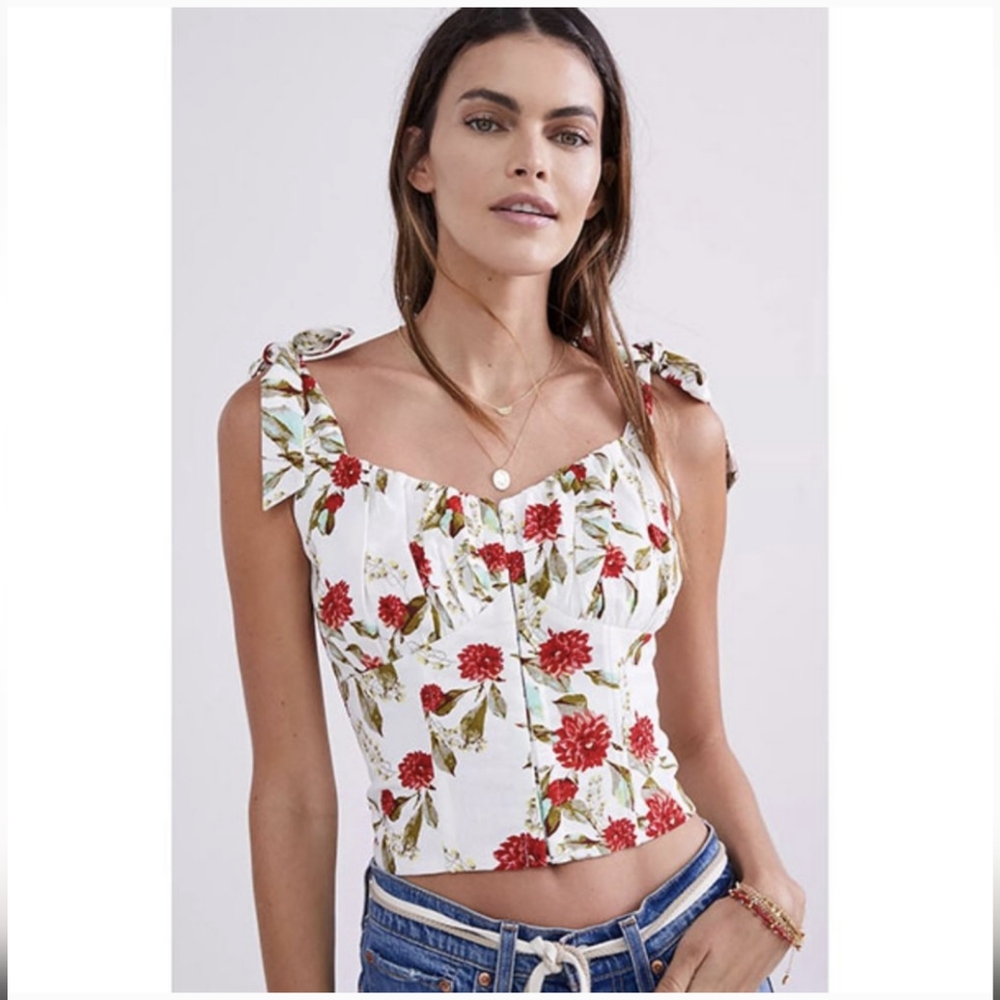 Anthropologie Eri + Ali Wildflower Cropped Tie Sleeve Linen Blend Corset Tank